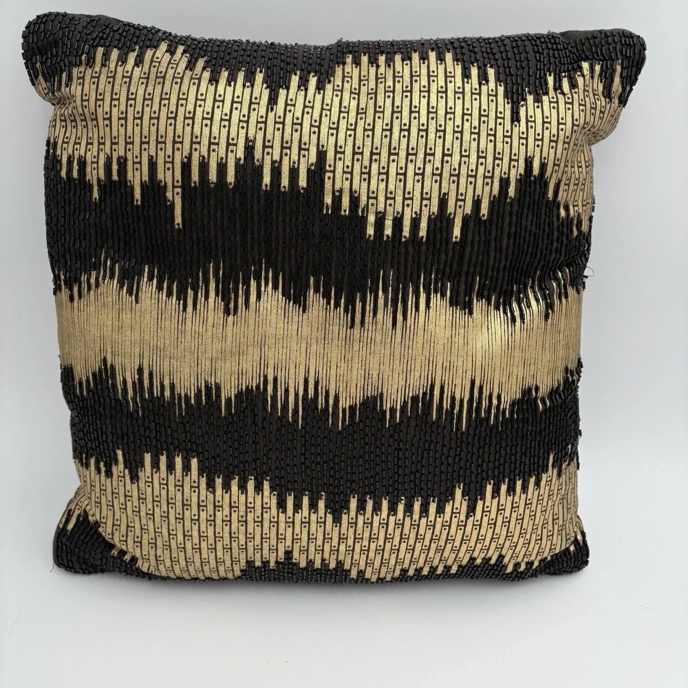 Black And Gold Beaded Geometric Accent Pillow‎ 14x14 Luxury Chic VGUC